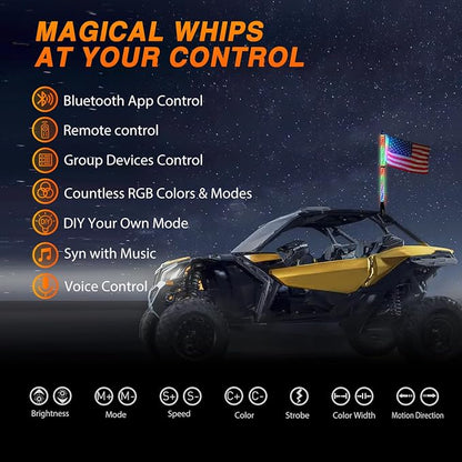 Nilight RGB Whip Light 1PC 3FT Lighted Antenna Whips with Remote & App Control DIY Chasing Patterns Brake Reverse Lights for ATV UTV Polaris RZR Can-am Dune Buggy Pickup Trucks Jeep