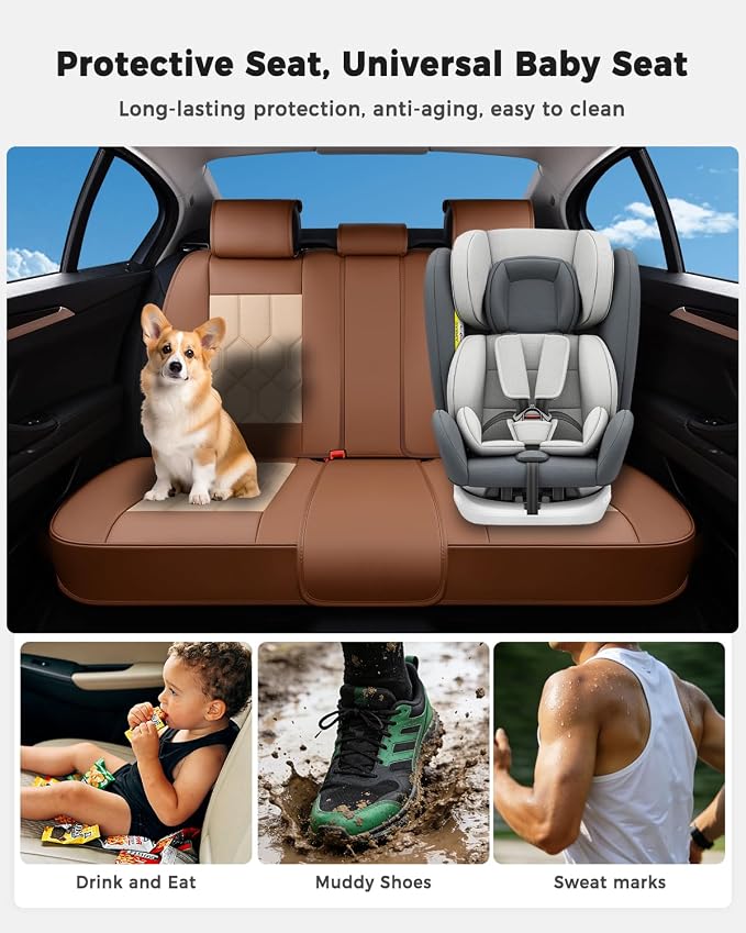 Huidasource Seat Covers Full Set, Universal Fit for Most Cars SUVs Trucks, Full Coverage Leather Seat Cover, Airbag, Cupholder Compatible, Seat Function Retain, Easy Install with Velcro, Brown&Beige