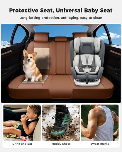 Huidasource Seat Covers Full Set, Universal Fit for Most Cars SUVs Trucks, Full Coverage Leather Seat Cover, Airbag, Cupholder Compatible, Seat Function Retain, Easy Install with Velcro, Brown&Beige