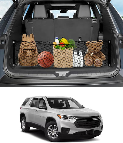 Karltys Envelope Style Cargo Net for 2018-2024 2025 2026 Chevy Traverse Accessories, Elastic Rear Trunk Mesh Cargo Net for Traverse Heavy Duty Nylon Mesh Storage Netting with Metal Hooks