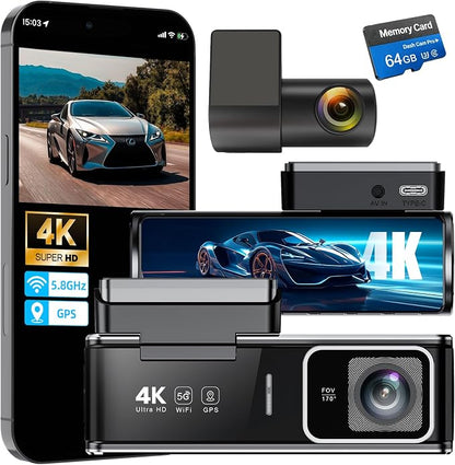 4K Dash Cam Front and Rear,Dual Dash Camera for Cars with 5.8GHz WiFi GPS,Night Vision,Mini Dash Cam with 3.59" IPS Screen,24H Parking Mode,G-Sensor,Loop Recording,64GB SD Card Included