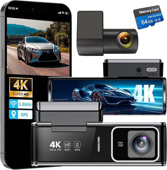4K Dash Cam Front and Rear,Dual Dash Camera for Cars with 5.8GHz WiFi GPS,Night Vision,Mini Dash Cam with 3.59" IPS Screen,24H Parking Mode,G-Sensor,Loop Recording,64GB SD Card Included
