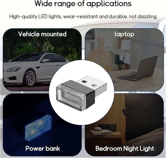 Dickno 4 PCS USB LED Car Interior Atmosphere Lamp, Portable Mini LED Night Light, Plug-in USB Interface Trunk Ambient Lighting Kit, Universal Vehicle Interior Accessories (White)