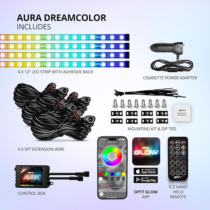 OPT7 Aura DreamColor RGB-IC LED Car Interior Light Strips, 4PC Neon Ambient Lighting Kit with APP & Remote, 12V Music Color Chasing Lights for SUV Truck Van, Under Dash Decor