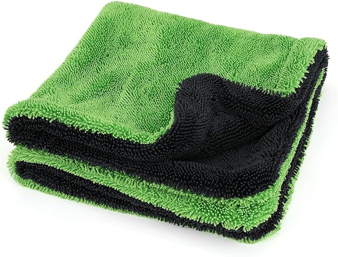 1200GSM Microfiber Car Drying Towel, Double-Twist Loop, Ultra-Absorbent, Quick-Dry, Lint- & Streak-Free, Scratch-Safe, for Car Wash & Detailing (1 Pack) (Dark Grey & Green, 16" x 16")