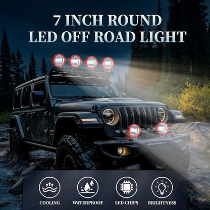 7 Inch Round Super Bright LED Off Road Lights 201W 10000LM Waterproof Combo Beam Work Light Pods, Driving Fog Lights for Truck ATV UTV SUV Pickup Tractor (PACK OF 2 RED WITH WIRING)