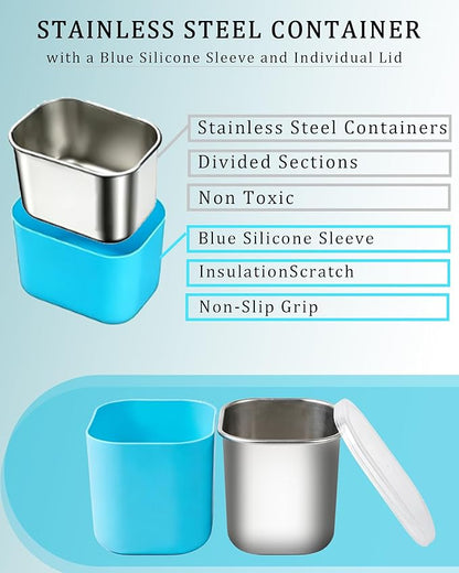 Snackle Box Container, Stainless Steel Divided Serving Tray with Lid and Handle, Large Snack Tray for Fruit Veggie Candy, 8-Compartment Snack Platter for Travel Beach Picnic,with Blue Silicone Sleeve