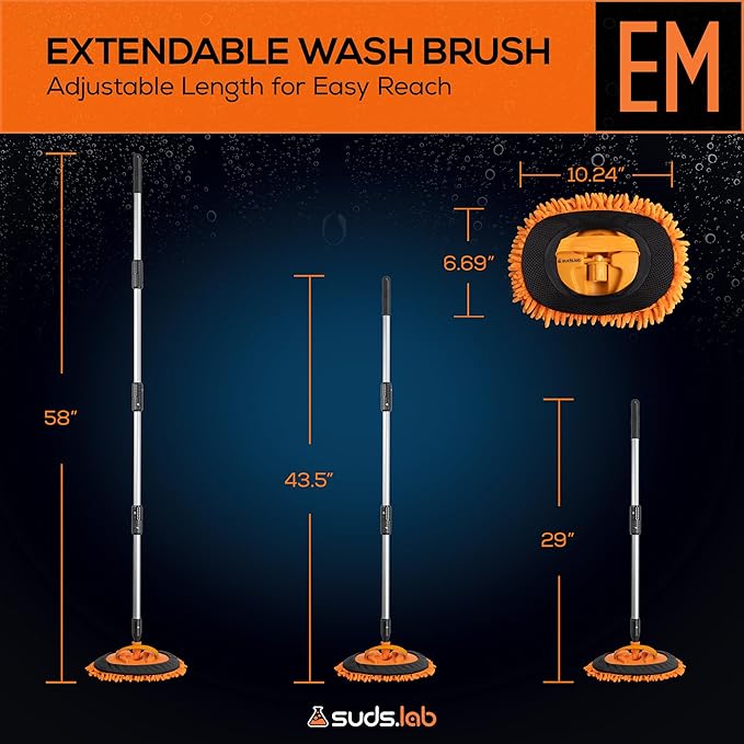 Suds Lab EM Extendable Wash Mitt with 170° Telescopic Handle – 58" Car Wash Mop with 2 Scratch-Free Chenille Microfiber Car Washing Mitts for SUVs, RVs and Trucks