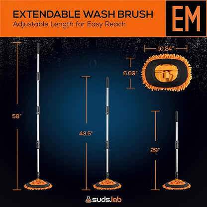 Suds Lab EM Extendable Wash Mitt with 170° Telescopic Handle – 58" Car Wash Mop with 2 Scratch-Free Chenille Microfiber Car Washing Mitts for SUVs, RVs and Trucks