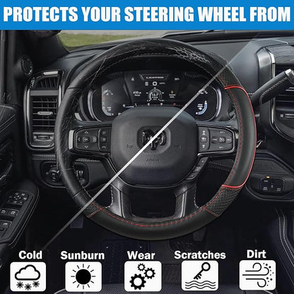 Steering Wheel Cover for Dodge 1989-2011 RAM 1500 2500 3500, Charger, Durango, Challenger - Rugged Durability & Interior Upgrade for Dodge 14.5-15 inch (Red-Standard Size)