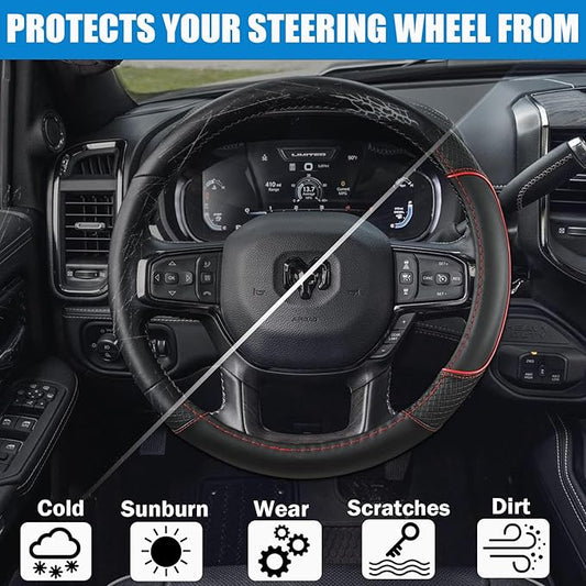 Steering Wheel Cover for Dodge 1989-2011 RAM 1500 2500 3500, Charger, Durango, Challenger - Rugged Durability & Interior Upgrade for Dodge 14.5-15 inch (Red-Standard Size)