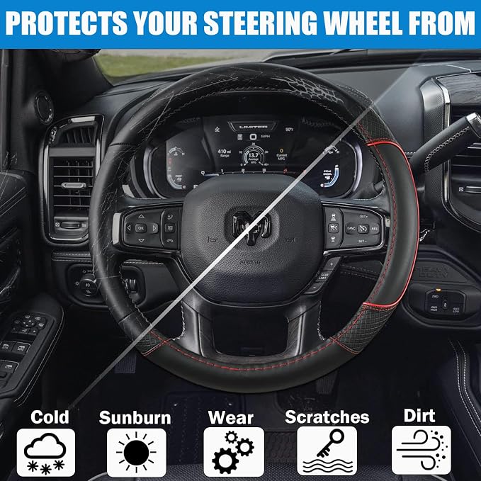 Steering Wheel Cover for Dodge RAM 1500, 2500, 3500 - Premium Microfiber Leather Auto Car Accessory with Non-Slip Grip, Rugged Durability & Interior Upgrade, 15.5-16 inch (Red-Large Size)
