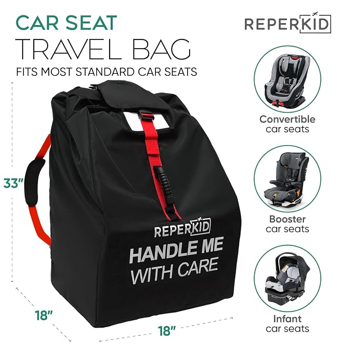 reperkid Car Seat Travel Bag for Airplane, Black and Green, 33" H x 18" W x 18" D, Fits Most Convertible, Booster and Infant Car Seats – Premium Waterproof Cover, Adjustable Shoulder Strap | Adjustable Padded Backpack Straps, Reinforced Stitching, Fits...