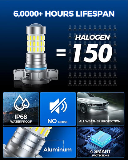 Marsauto 5202 LED Fog Light Bulbs, 10,000 lumens 6000K Cool White, 48 Chips DRL Bulb, 5202 Led Bulb 1:1 Mini Size 5202 5201 PS24W Fog Lights Led, 360° Illumination, Side Marker Lights