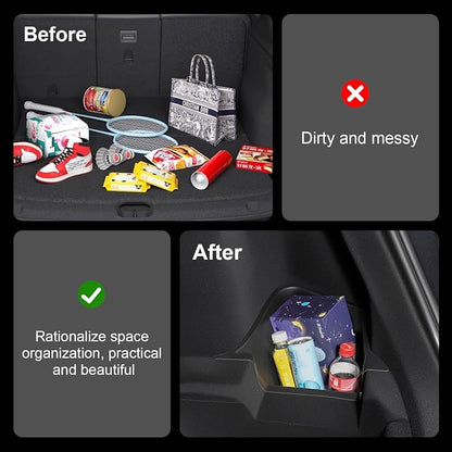 Rear Trunk Organizer Storage Box Compatible with 2025-2026 Tesla Model Y Juniper, TPE Cargo Side Storage Bin with Lids, Waterproof Anti-Rattle Organizer Accessories for Tesla Model Y 5 Seater