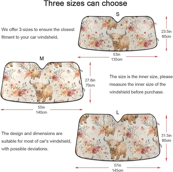 Cute Highland Cows Flowers Windshield Sun Shade for Car Auto SUV Truck Foldable Front Window Sunshade Sun Visor Protector Block UV Rays Reflect Heat, 55" x 28"