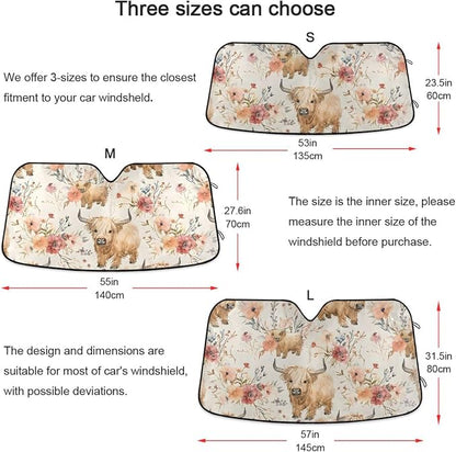 Cute Highland Cows Flowers Windshield Sun Shade for Car Auto SUV Truck Foldable Front Window Sunshade Sun Visor Protector Block UV Rays Reflect Heat, 55" x 28"