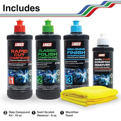 LAUCO Paint Correction Compounds Step 1, 2, 3 – 16oz, Swirl Remover 8oz Kits, with a Towel, Silicone-Free, Clear Coat Safe Scratch Remover, Swirl Correction & High Gloss Finishing