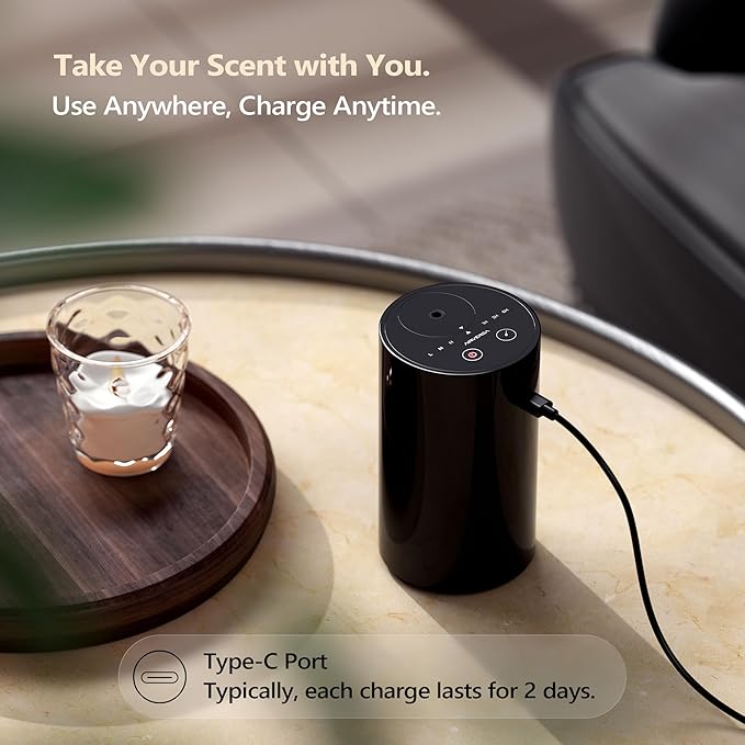 Airversa Waterless Essential Oil Diffuser Starter Kit with 2x20mL Hotel Fragrance Oils, Cordless Nebulizer for Car Home Office, Up to 600 sq ft, Mist/Timer Settings, Baterry Operated, AN8Kit-B, Black