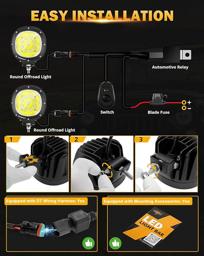 Auxbeam 4In 90W Round Led Offroad Lights, 2PCS 9000LM Led Light Pod Super Bright Round Driving Light with Wiring Harness Kit Spot White Beam for Truck Pickup SUV ATV UTV 4x4 Jeep Wrangler Motorcycle