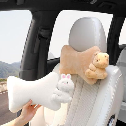Car Headrest Pillow 2PCS Plush Bear ＆ Bunny Car Seat Headrest Pillow - Memory Foam Neck Support Cushions for Comfortable Driving, Easy Install & Washable (Bear+Rabbit)