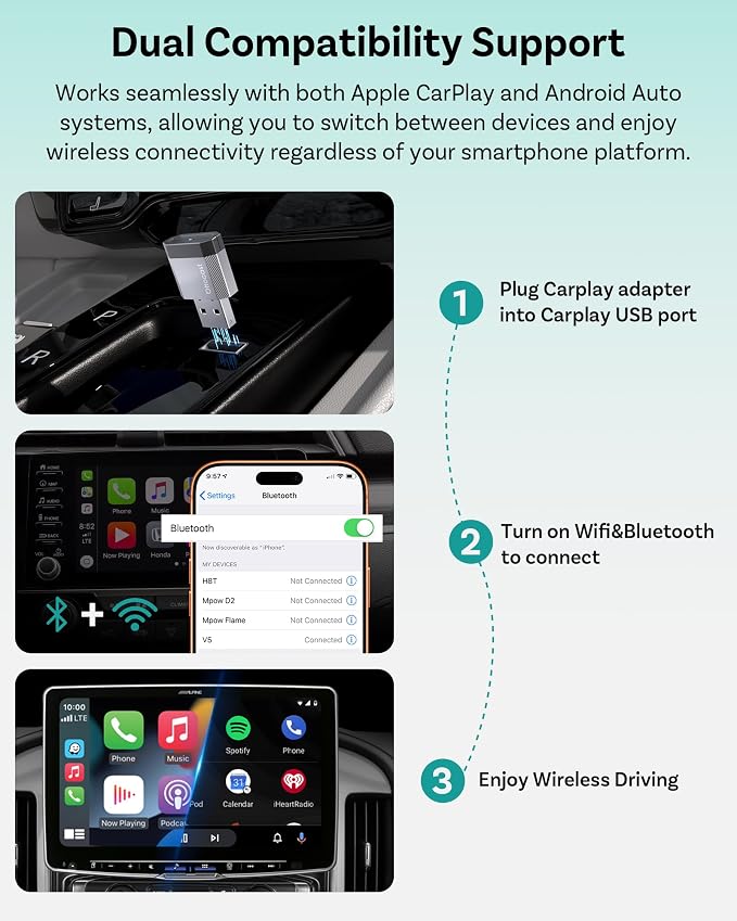 OTTOCAST Mini Nova Wireless CarPlay & Android Auto USB-C Adapter, 2-in-1 Adapter for iPhone iOS 10+ & Android 11+, Auto-Reconnect for 800+ Wired CarPlay Vehicles Models (2016+)