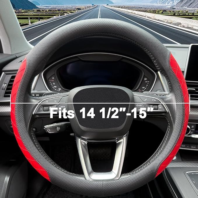 LKWLIKEI Nappa Leather Steering Wheel Cover, Elegant Diamond Checkered Design, Non-Slip wear-Resistant, Enhance Driving Comfort, Suitable for Steering Wheel Diameter 14 1/2‘-15’ Models .Black Red