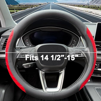 LKWLIKEI Nappa Leather Steering Wheel Cover, Elegant Diamond Checkered Design, Non-Slip wear-Resistant, Enhance Driving Comfort, Suitable for Steering Wheel Diameter 14 1/2‘-15’ Models .Black Red