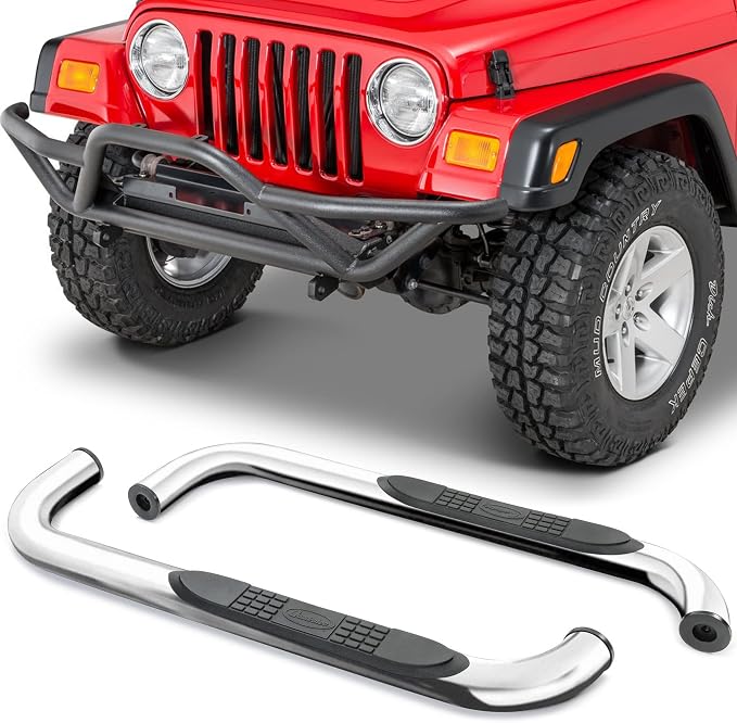 Quadratec QR3 Heavy Duty Side Step, Set of 2, Stainless Steel - Fits Jeep Wrangler YJ & TJ 1987-2006 - Non-Slip Nylon Pad Running Boards - Round 3" Diameter Mandrel Bent Tube