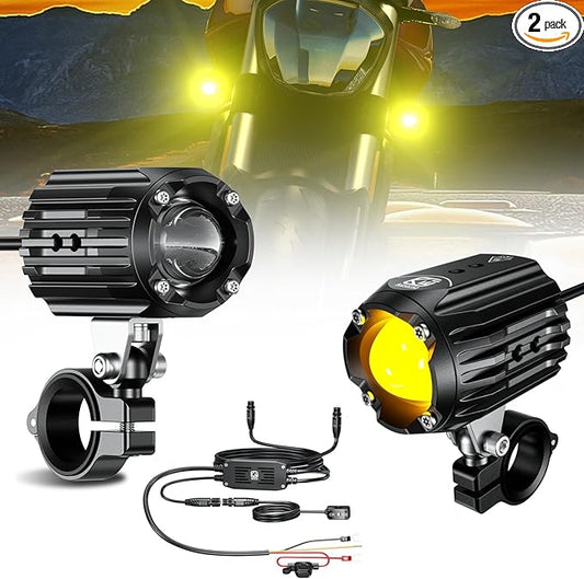 Motorcycle Auxiliary LED Light Driving Spotlights White/Amber Fog Lights with Mount Brackets Wire Harness Waterproof Offroad Work Lights Compatible with Motorcycle J-eep Car Truck 60W Driving Lamps