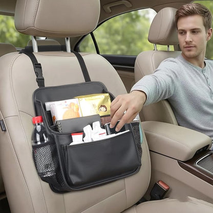 Viaviat Front Seat Organizer Car Upholstery Leather Passenger Seat Storage Bag Large Durable Car Organizer with Adjustable Strap Multiple Compartments Mesh Bags Cup Holders (black)