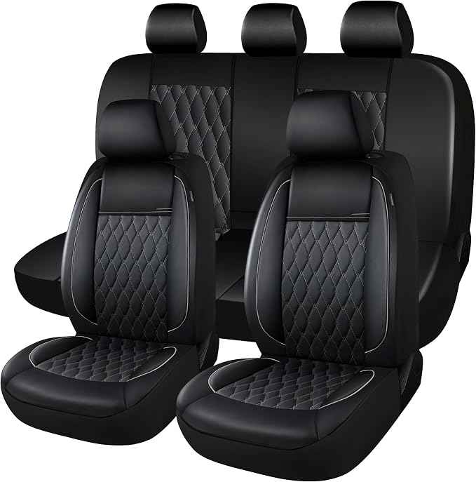 CAROMOP Faux Leather Car Seat Covers Full Set,Luxury and Comfortable Covers for Cars,Split Bench Compatible Car Interior Covers,Universal Fit for Suvs,Vans,Trucks,Airbag Compatible(5-Seat Black/Grey)