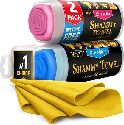Premium 2pk +1 Free Shammy Cloth for Car Drying - 26"x17" - Super Absorbent Chamois Towel - Scratch-Free, Reusable & Soft Wash Cloth - Car Drying Towels