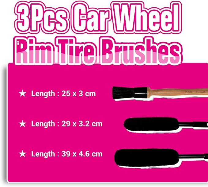 H.O.W 3pcs Car Wheel Rim Tire Brushes for Cleaning Tires, Detailing & Tire Scrub Brush Kit