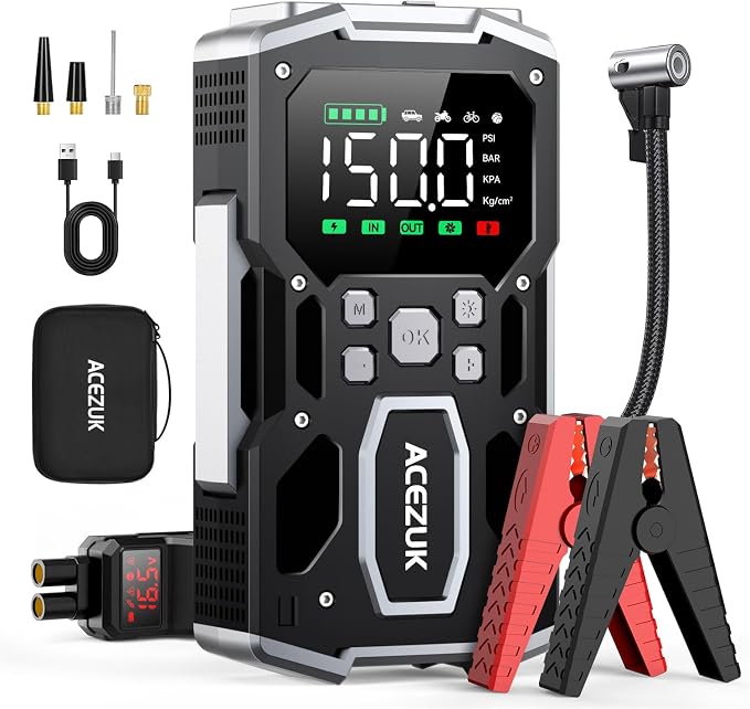 Portable Car Jump Starter with Air Compressor, ACEZUK 160PSI 8000A Jump Starter (All Gas/10.0L Diesel), 12V Battery Jump Box Car Battery Jumper Starter with 3.4" LCD Display, 2 Lights