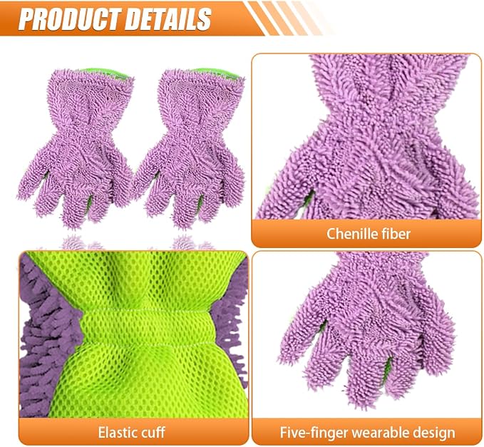 Craedli 2PCS Car Wash Mitts, Anti-Scratch Double Sided 5-Finger Microfiber Car Interior&Exterior Detailing Gloves, Soft Vehicle Chenille Dusting Mitt for Cleaning Wheel Tight Spot (Purple)