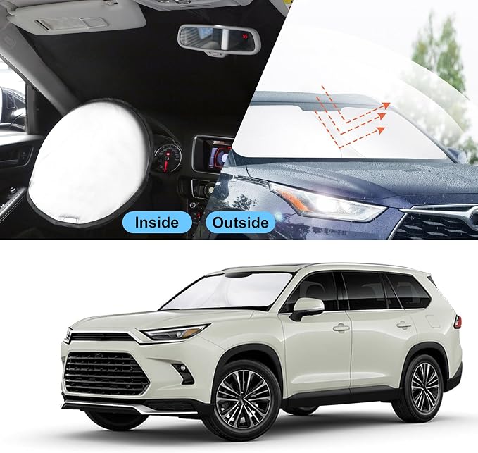TINGLU Sun Shade for Toyota Grand Highlander 2024 2025 2026 Accessories Windshield Sun Shade Window Shade UV Rays Protection Sun Visor Cover with Steering Wheel Sunshade Storage Bag