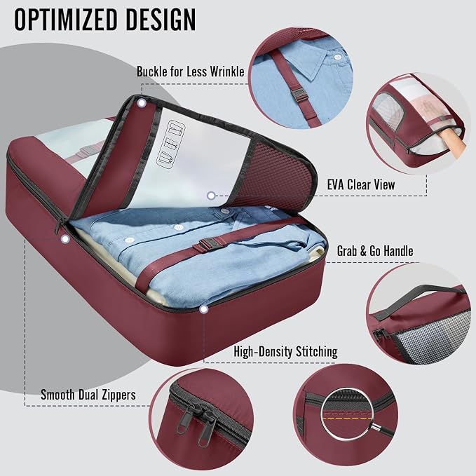 Veken 8 Set Packing Cubes for Travel Essentials,Anti-Wrinkle Buckled Suitcase Organizer for Shoe & Toiletry Bag,Carry On Luggage Bag with 99+ Count Mesh Holes for Airplane & College Dorm Accessories