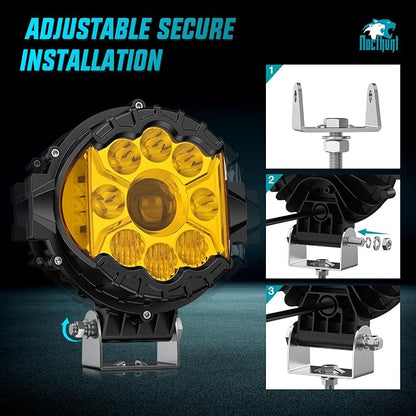 Nilight 7 Inch LED Offroad Driving Lights High Low Beam 2 PCS 80W Round Amber Light Side Shooter Spot Flood Fog Light Pod w/ 16 AWG DT Connector Wiring Harness Kit for Jeep Truck ATV UTV SUV