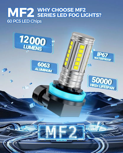 Marsauto H11/H8 LED Fog Light Bulb, 12,000 LM 600% Brightness H8 H16 Fog Light Bulbs, 360° Illumination Upgraded 60 Pcs Chips, 6500K White 1:1 Mini Size H11 Led Fog Lights Pack of 2