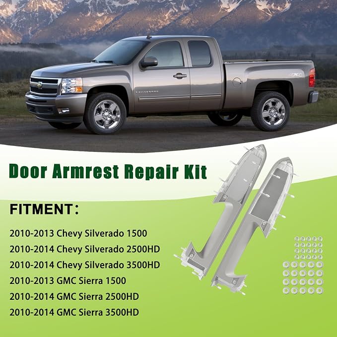 Door Armrest Repair Kit Left Driver & Right Passenger Side Door Panel Handle Gray Compatible with 2010-2014 Chevy Silverado GMC Sierra 1500 2500HD 3500HD Replaces 22818466 22818471