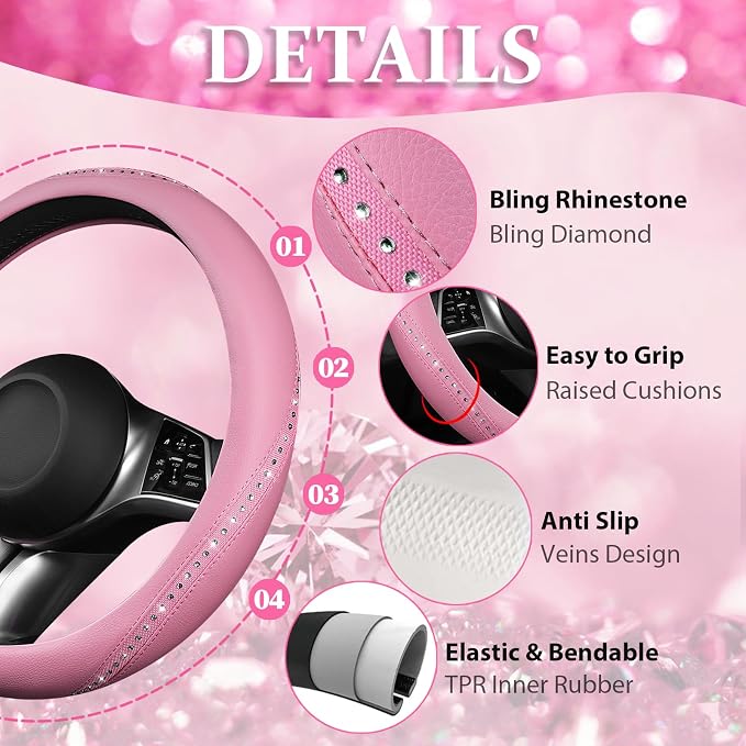 CAR PASS Bling Diamond Pink Leather Steering Wheel Cover, Studded Shining Rhinestones Universal Fit 14" 1/2-15" Glitter Sparkly Crystal Fit for Women Girl SUV,Vans,Sedans,Car,Trucks, Pink Diamond