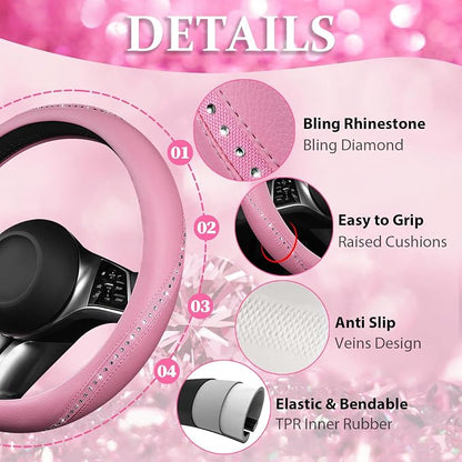 CAR PASS Bling Diamond Pink Leather Steering Wheel Cover, Studded Shining Rhinestones Universal Fit 14" 1/2-15" Glitter Sparkly Crystal Fit for Women Girl SUV,Vans,Sedans,Car,Trucks, Pink Diamond