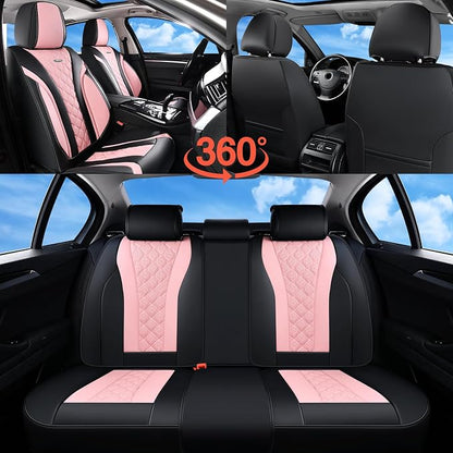 Coverado Car Seat Covers, Black Pink Leather Seat Covers Full Set, Perforated Diamond Leather Car Seat Cover, Waterproof Car Seat Protector Universal 5 Seats Seat Covers Fit for Most Cars SUV Trucks