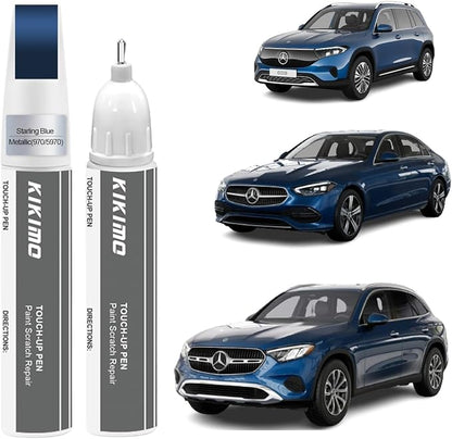 KIKIMO for Mercedes-Benz Touch Up Paint(Starling Blue Metallic(970/5970)), Car Paint Repair Kit for Mercedes-Benz, 2 In 1 Scratches Repair with Pen Tip and Brush, Color-Matched for Quick & Easy Fix