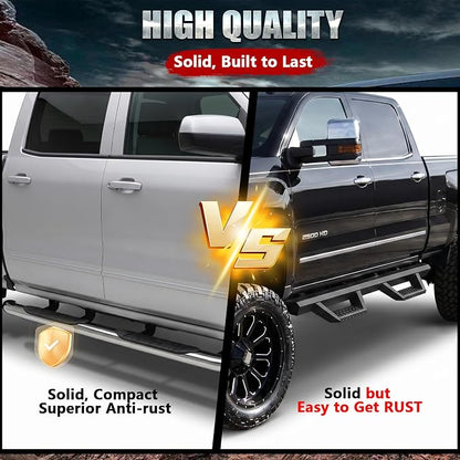 4 Inch Curved Running Boards Stainless Steel Nerf Bars Side Steps for 2000-2018 Chevy Silverado/GMS Sierra 1500 2500 3500 Crew Cab (with DEF Tank), No-Cut, No Drilling, Bolt on Installation