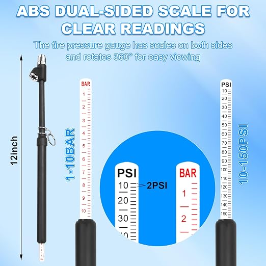 Car Tire Air Gauge, Heavy Duty Truck Tire Air Gauge, Car Tire Pressure Checker (10-150 Psi, 1-10 Bar) 2-Pack, for Semi Trucks, RVs, Cars, Motorcycles - 12 Inch