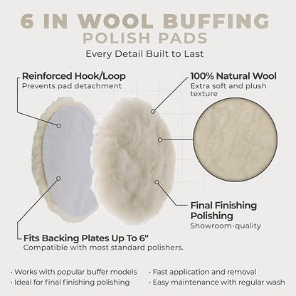 TCP Global Premium 6 Inch Wool Buffing Pads (2 Pack) - 100% Natural Wool Buffer Pads, Polishing Pad for Car Detailing - 1 Inch Thick Pile, Hook and Loop Buffing Pad for Orbital Buffer