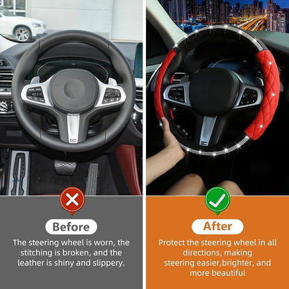 Diamond Steering Wheel Cover ，with Bling Crystal Rhinestone,Delicate and Anti-Slip Sparkly Sedan Steering Wheel Cover ，Adaptable to 14.5-15 inches Car Wheel Protector for Women Girl ，Black & Red