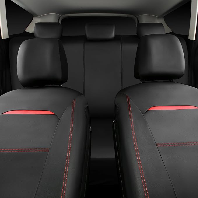 CAR PASS Leather Car Seat Cover Full Set with Steering Wheel Cover and 2PCS Seat Belt Shoulder Pads,for Trucks and SUV with Built-in Seatbelts and Front Seat Side Armrests(Combo Set, Black and Red)